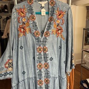 Coldwater Creek Denim Duster Size 1X with Colorful Embroidery #33